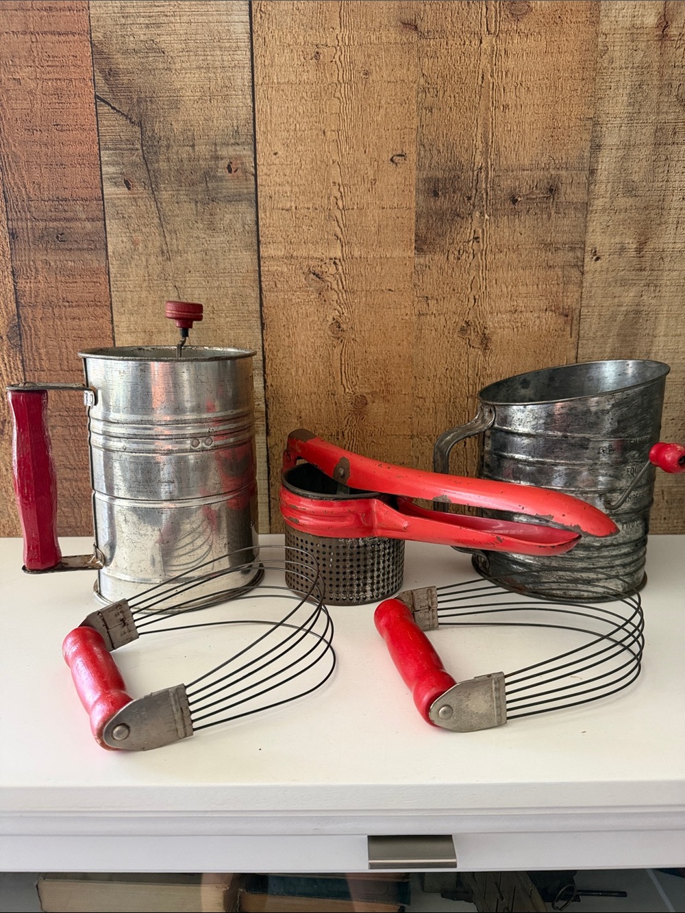 Vintage Red-Handled Vintage Style Kitchen Tool Set - Blenders, Sifters & a Ricer